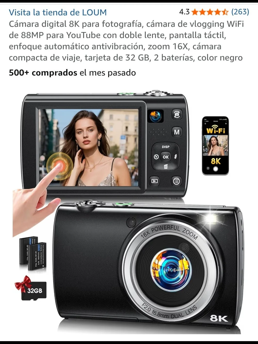 8K Digital Camera (Black) - Touchscreen Vlogging Camera with 16X Zoom